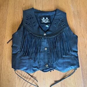 Vintage 1980s Unik Leather Vest with Rose and Fringe Detail- Size S